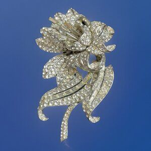 Vintage Signed BARRERA Silver-Tone Rhinestone Statement Brooch Flower Rare